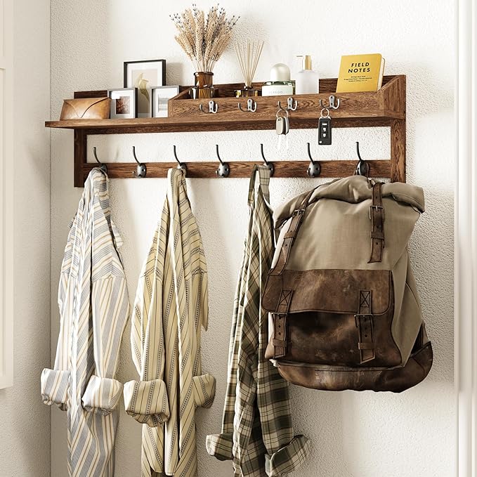 AMBIRD Coat Rack Wall Mount, 35 inch Large Wall Hooks with Shelf, Entryway Shelf with 7 Dual Coat Hooks 4 Key Hooks Mail Organizer, Wooden Coat Hanger and Key Holder Wall Mount-Ruum Studio Home