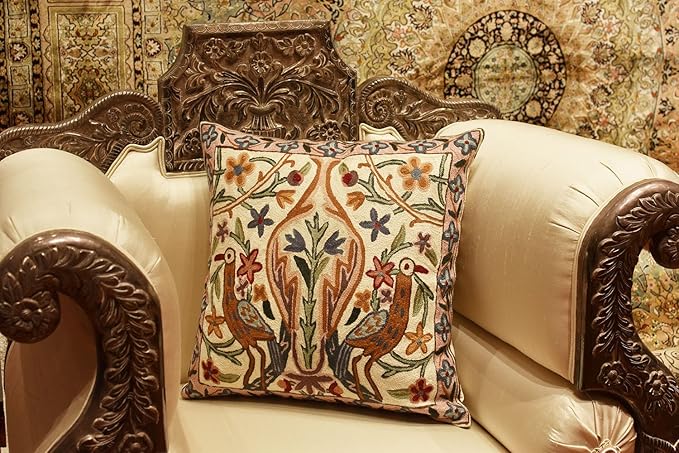 Tree of Life Pillow Cover - Crane Cream Floral Outdoor Pillows | Suzani Cushions | Modern Floral Cushion Hand Embroidered Shams Wool Size - 18x18-Ruum Studio Home