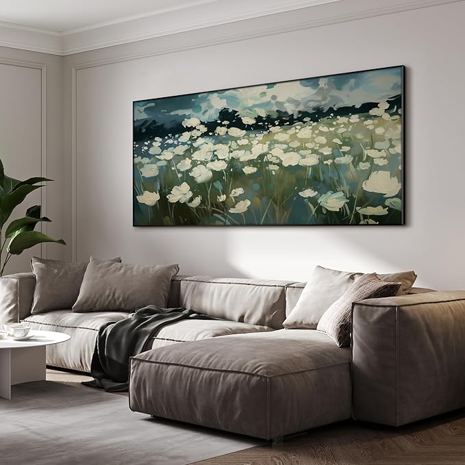 SIGNWIN 36"x72" Extra Large Framed Wall Art White Wildflower Field in Impressionist Style, Soft Floral Landscape for Home Living Room Bedroom Decor (Frame Assembly Required)-Ruum Studio Home