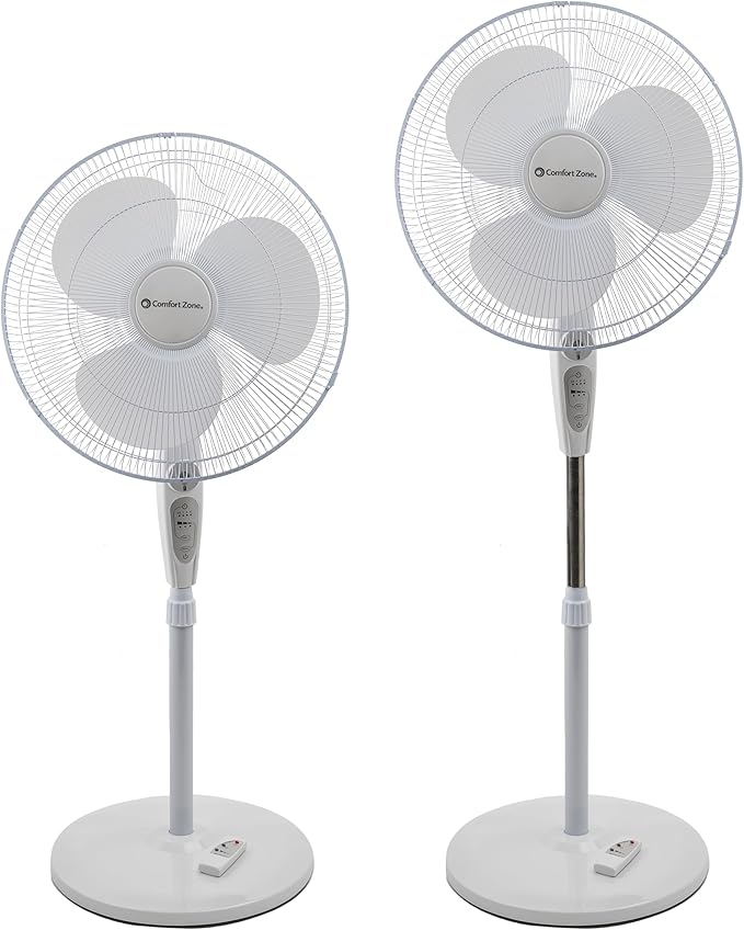 Comfort Zone 18-Inch Oscillating Pedestal Fan with Remote Control, 3-Speed Standing Fan with Adjustable Height (45–52”), Tilt, 4-Hour Timer & Auto Shutoff – Quiet Bedroom Fan, White-Ruum Studio Home