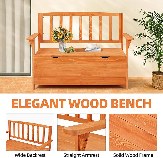 AVAWING Outdoor Storage Bench, Wooden Garden Bench Weatherproof, Patio Benches for Outside, 2-Seat Front Porch Bench, Park Bench for Deck, Lawn, Backyard(Natural)-Ruum Studio Home