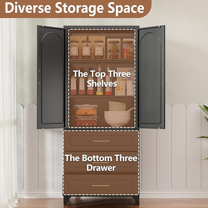 Kitchen Pantry Cabinet, 75" Tall Pantry Cabinet with Three Drawers, Freestanding Food Cupboard with Doors and Shelves, Metal Storage Cabinets for Dining, Living Room, Black, Assembly Required-Ruum Studio Home