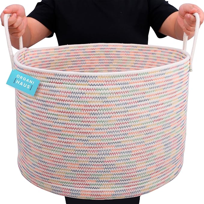 OrganiHaus Toy Storage Basket for Kids, Large Cotton Rope Organizer Bin for Nursery, Toy Box, Blanket Holder, Baby Hamper for Living Room, Soft & Washable, 20x13 inches - Rainbow-Ruum Studio Home