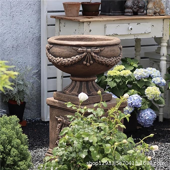 Vintage Garden Urn Planter with Pedestal, Cement and Fiber, Maked Bronze Color, Decorative Leaf Pattern, 30 Inch Height, Wrap Foam Safely Delivered from Local Warehouse (Bronze)-Ruum Studio Home