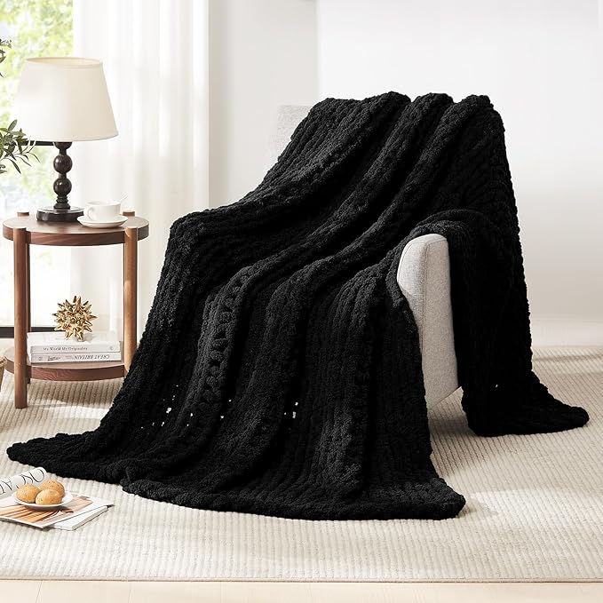 L'AGRATY Chunky Knit Blanket Throw: Soft Chenille Yarn Throw Blanket 60x80 - Handmade Thick Cable Crochet Blanket - Large Chunky Rope Throw Blanket for Couch Sofa Bed Home Decor(Black)-Ruum Studio Home