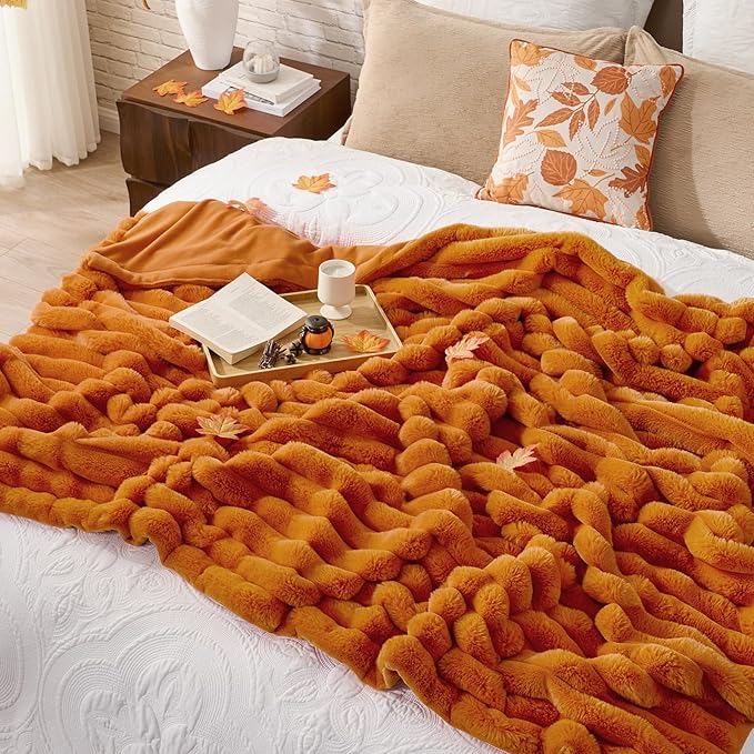 Cozy Bliss Fall Harvest Faux Fur Throw Blanket for Couch, Cozy Warm Plush Striped Blanket for for Decorating Couch Sofa Bedroom Living Room,60 * 80 Inches Burnt Orange-Ruum Studio Home