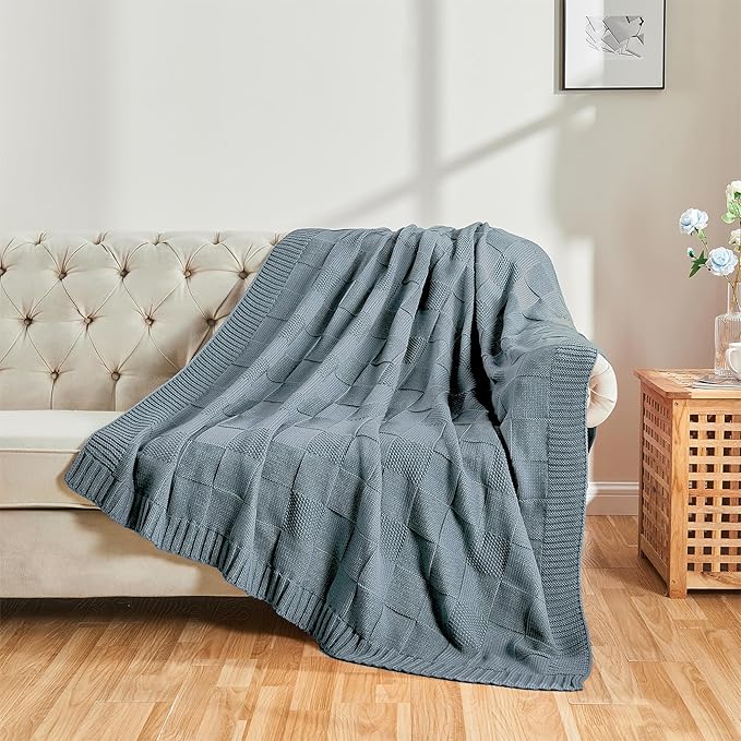 CozeCube Check Knit Throw Blanket, Dusty Blue Checkered Throw for Couch, Decorative Christmas Soft Cozy Warm Knitted Blanket for Bed Sofa Living Room, 60"X80"-Ruum Studio Home