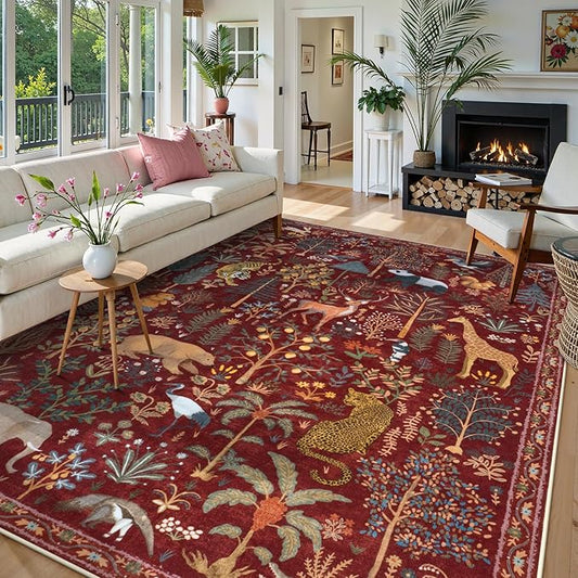 OJIA Animal Washable Rugs 8x10, Soft 8x10 Area Rugs for Living Room, Non Slip Bedroom Rug Under Bed Ultra-Thin Nursery Rug Large Carpet for Dining Room Office Playroom, Red-Ruum Studio Home
