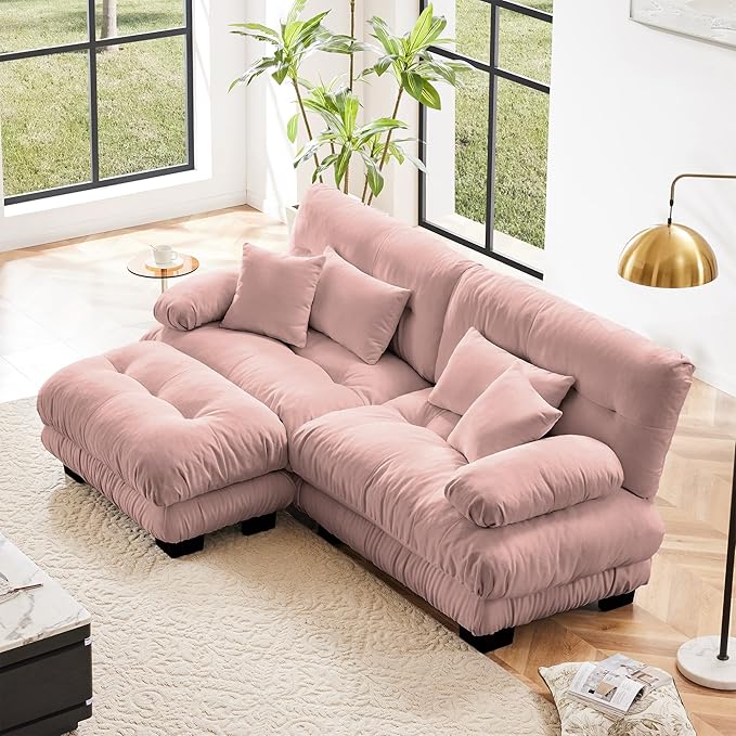 Loveseat Modular Sectional Sofa, L Shaped Couch with Ottoman, Cloud Couch Sectional Couch Home Sofa Living Room Oversized Couch Deep Seat Couch with Round Bolster Armrests 4 Pillows(Pink)-Ruum Studio Home