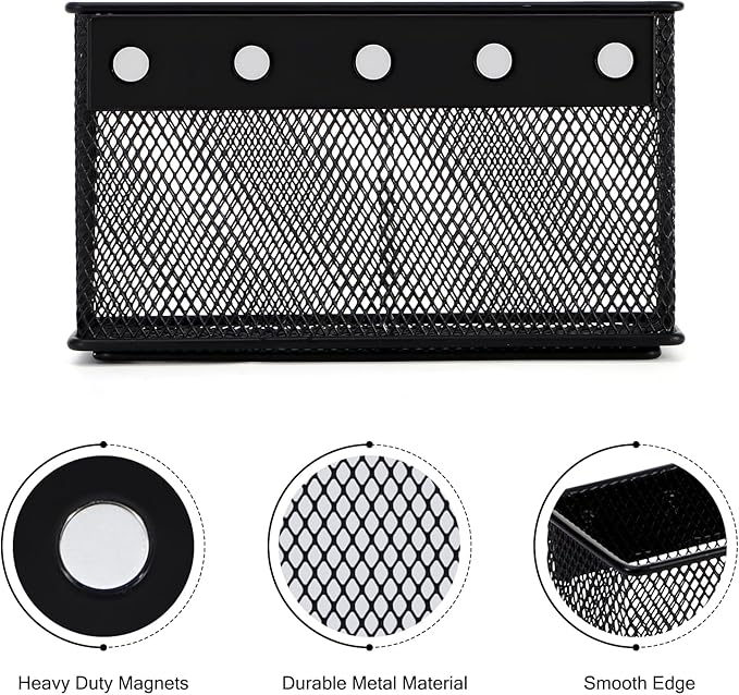 Wire Mesh Storage Baskets Organizer Set of 2 Black Magnetic Basket with 5 Strong Magnets Magnetic Organizer Holder for Refrigerator Locker Whiteboard Office, 6.29'' × 2.28'' × 3.54''-Ruum Studio Home
