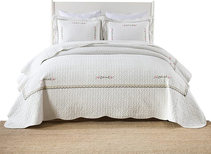 MarCielo 3-Piece 100% Cotton Oversized Bedspread Lightweight Quilt Coverlet Embroidery Farmhouse Bedding Set (Sakura White, Oversized King (118"x106"))-Ruum Studio Home