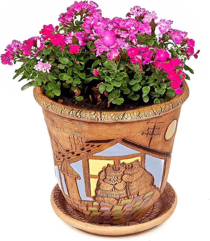 Ceramic Pot with Drainage Hole and Saucer, Plant Pots, Modern Decorative Planters for House Plants Indoor Flowers Plants, Cute Flower Pot - Gifts (Cats (3 L))-Ruum Studio Home