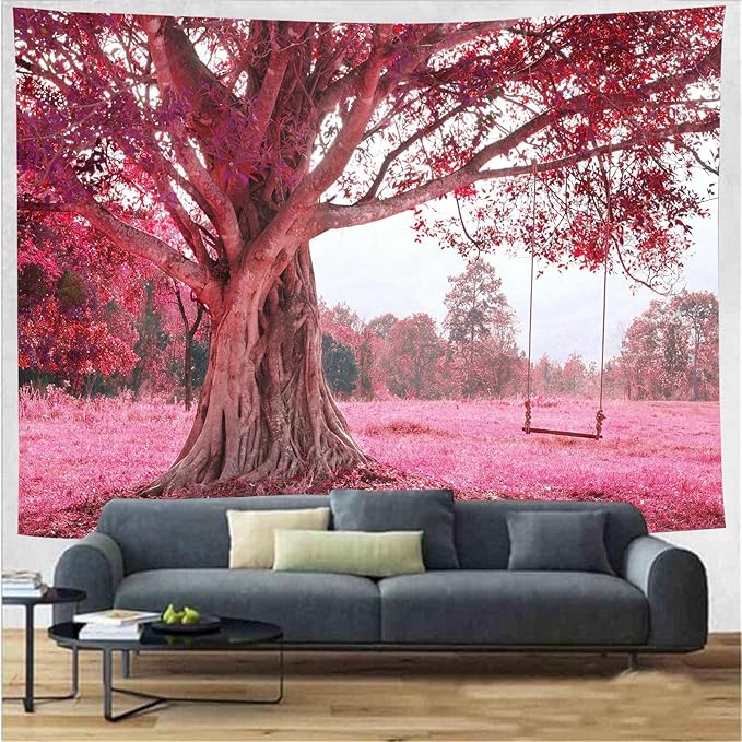 FENDROM Autumn Pink Flower Tapestry Window View Wall Hanging, Nature Forest Floral Trees Garden Scenic Tapestries for Living Room Home Office Dorm-Ruum Studio Home