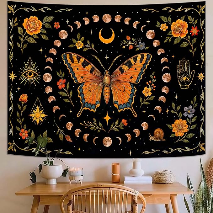 Lunerfex Moon Phase Butterfly Floral Wall Tapestry, Celestial Botanical Tapestries for Room Decor, Mystical Tapestry 60x44 Inch-Ruum Studio Home