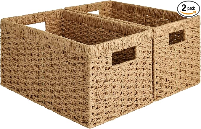 StorageWorks Round Paper Rope Storage Baskets, Rectangular Wicker Baskets with Built-in Handles, Medium, 13 ¼ x 8 ½ x 7 ¼ inches, 2-Pack-Ruum Studio Home