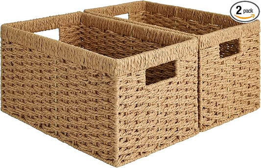 StorageWorks Round Paper Rope Storage Baskets, Rectangular Wicker Baskets with Built-in Handles, Medium, 13 ¼ x 8 ½ x 7 ¼ inches, 2-Pack-Ruum Studio Home