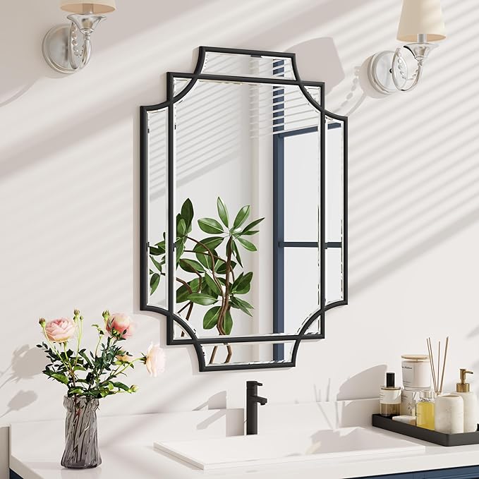 Bathroom Mirror for Wall Black Farmhouse Wall Vanity Mirror for Over Sink Wood Framed Beveled Mirrors Deco（20 * 28IN/Black）-Ruum Studio Home