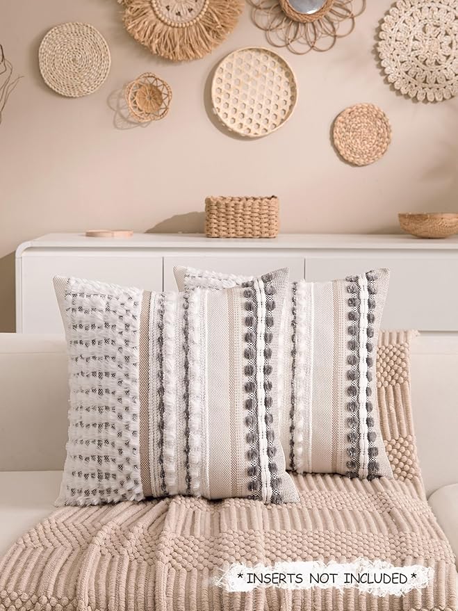 Boho Chenille Tufted Couch Throw Pillow Covers 18x18 Inch Set of 2 Farmhouse Striped Decorative Pillow Covers Accent Neutral Square Pillowcase Grey Cushion Covers for Livingroom Sofa Bed-Ruum Studio Home