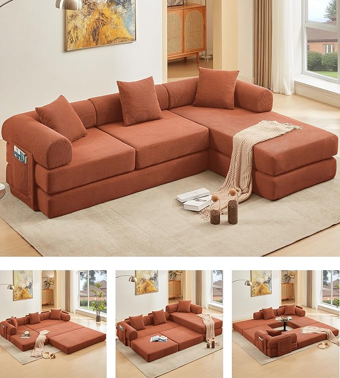 107" Oversized Convertible Sleeper Sofa Bed, Corduroy L Shape Sectional Couch, Folding Sofa Bed with Side Pocket, Modern Cloud Floor Mattress Couch, Modular Sofa for Living Room, Orange-Ruum Studio Home