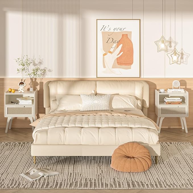 Lerliuo Rattan Nightstands Set of 2, Side Table with Drawer Open Shelf, Cane Accent Bedside End Table, Mid Century Modern Night Stand for Bedroom, Dorm and Small Spaces (Grey White)-Ruum Studio Home