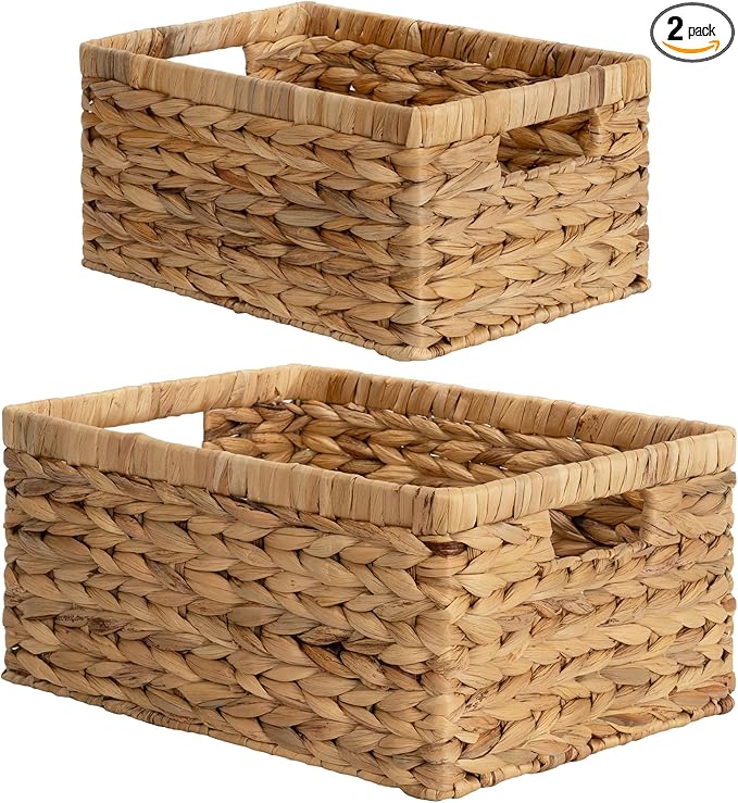 StorageWorks Wicker Storage Baskets, Large and Small Baskets, Handwoven Water Hyacinth Basket for Organizing, Decorative Organizers with Built-in Handles, Set of 2-Ruum Studio Home