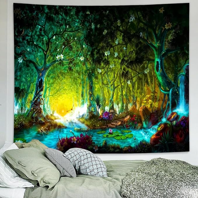 Delur Fantasy Forest Tapestry Mystical River Enchanted Magical Fairy Tale Tree Tapestry Sunrise Landscape Sunset Nature Psychedelic Wall Hanging Headboard for Bedroom Living Room Home Decor (51.2" x 59.1")-Ruum Studio Home