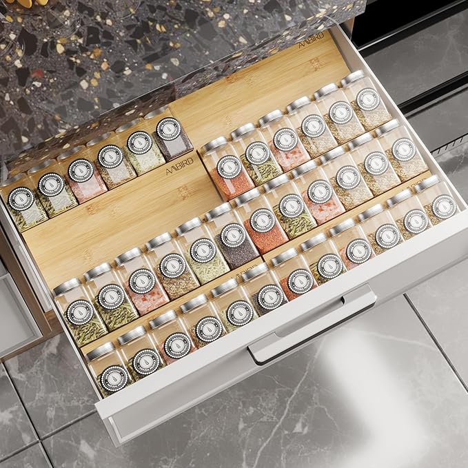 AMBIRD Bamboo Spice Drawer Organizer with Non-slip Mat,4 Tier - 2 Set Jar Spice Rack Tray From 12''to 24'',Hold up 48 Jars Seasoning Organizer for Kitchen,Cabinet,Drawers,Countertop-Ruum Studio Home