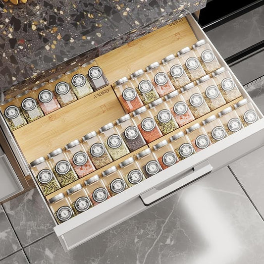 AMBIRD Bamboo Spice Drawer Organizer with Non-slip Mat,4 Tier - 2 Set Jar Spice Rack Tray From 12''to 24'',Hold up 48 Jars Seasoning Organizer for Kitchen,Cabinet,Drawers,Countertop-Ruum Studio Home