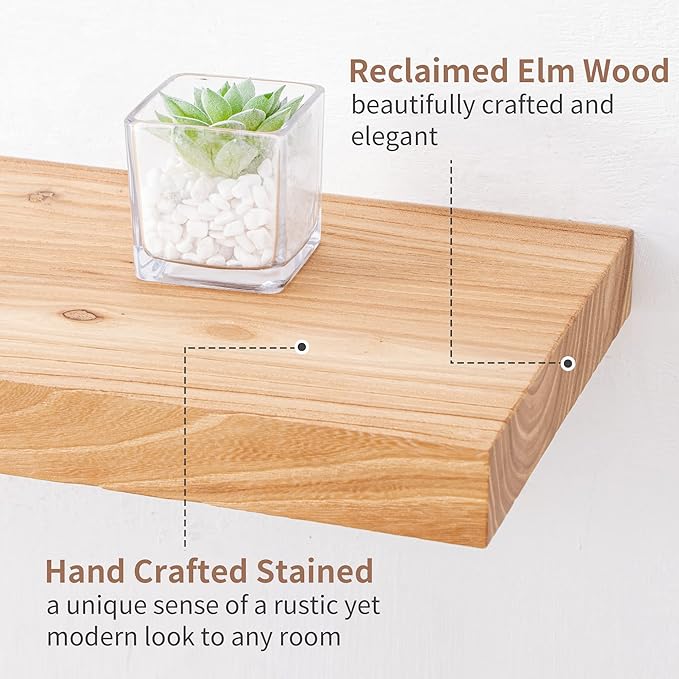 Axeman Floating Shelves for Wall, 8 Inch Deep Rustic Solid Elm Wood Wall Shelves for Storage, Wall Mounted Display Shelving with Invisible Heavy-Duty Metal Bracket, 36'' Width Set of 2, Natural-Ruum Studio Home