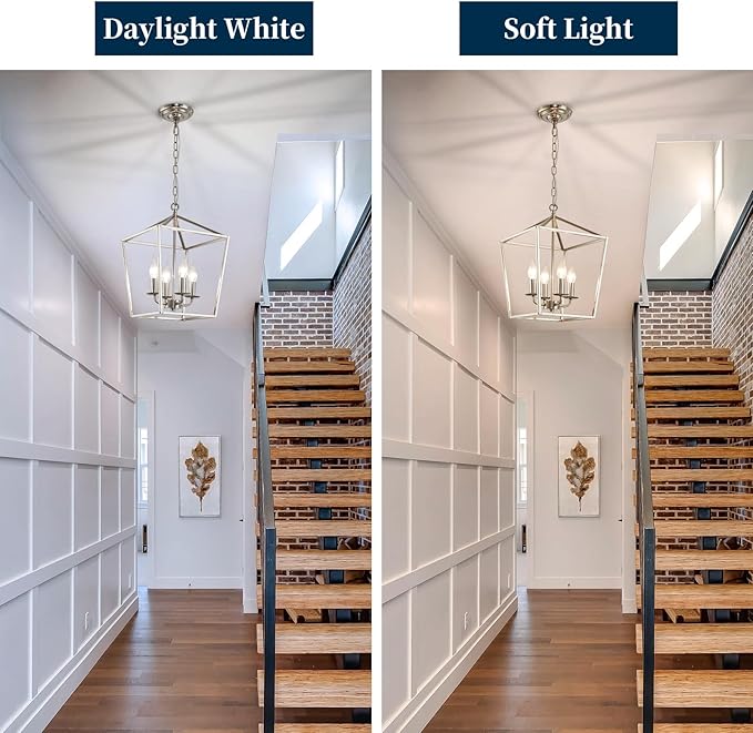 4-Light Brushed Nickel Farmhouse Chandelier, 12" Industrial Ceiling Light Lantern Pendant Light with Metal Cage Adjustable Height Rustic Hanging Light E12 Base for Kitchen Island Dining Room Entryway-Ruum Studio Home