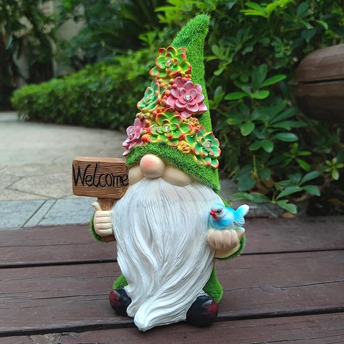 Solar Gnomes Garden Statues,Resin Gnome Figurine Holding Welcome Card and Bird with Solar Lights, Outdoor Gnomes Decorations for Yard Patio Lawn Porch, Garden Gifts-Ruum Studio Home