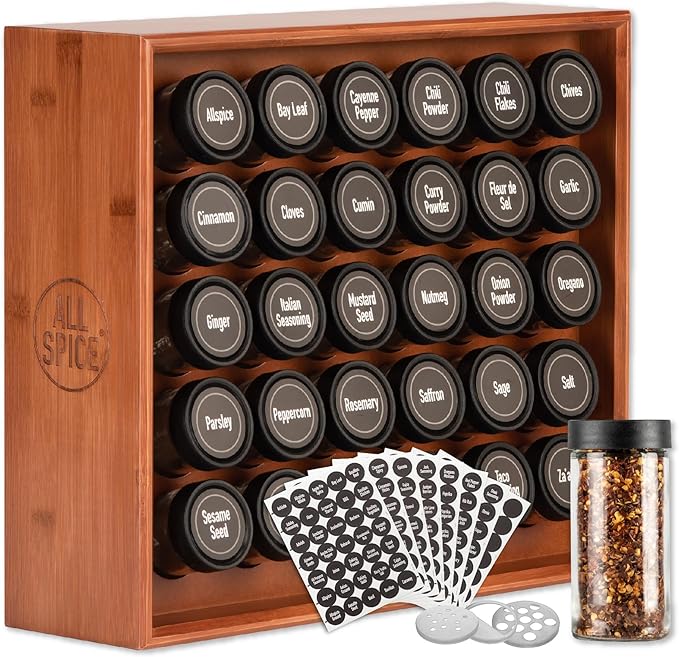 AllSpice Spice Rack Organizer, Wood, 525 Unique Labels, Countertop or Wall Mount, Includes 30 4oz Jars- Cherry Stain-Ruum Studio Home