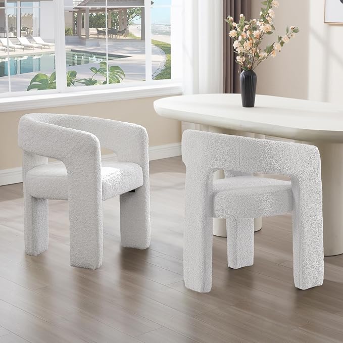 White Boucle Dining Chairs Set of 2, Modern Barrel Dining Room Chairs Upholstered Faux Fur Accent Chair with Arms and Round Back for Living Room Kitchen Armchair No Assembly Needed-Ruum Studio Home