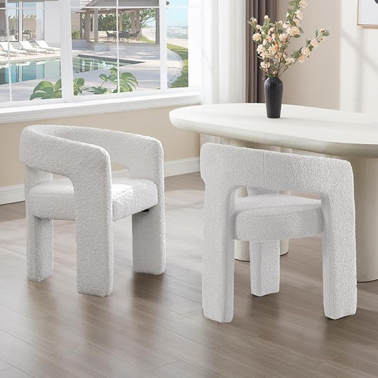 White Boucle Dining Chairs Set of 2, Modern Barrel Dining Room Chairs Upholstered Faux Fur Accent Chair with Arms and Round Back for Living Room Kitchen Armchair No Assembly Needed-Ruum Studio Home
