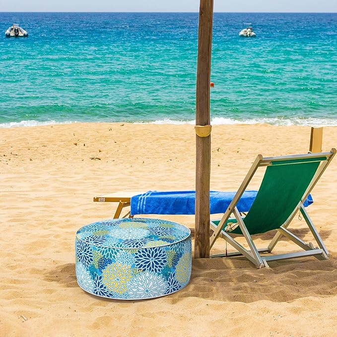 Inflatable Ottoman Stool D21 xH9 for Outdoor/Indoor Use, Water Repellent Patio Foot Rest Stool with Portable Handle,Round Pouf Ottoman Suitable for Garden,Deck and Camping - Dahlia Blue-Ruum Studio Home