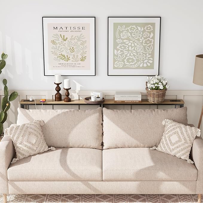 ELYKEN 5.9" Narrow Console Sofa Table with Power Outlets, 5.9" Dx39.4 Wx31.1 H Long Couch Table with Metal Frame and Charge Station with 6.5’ Extension Cord, White Oak-Ruum Studio Home