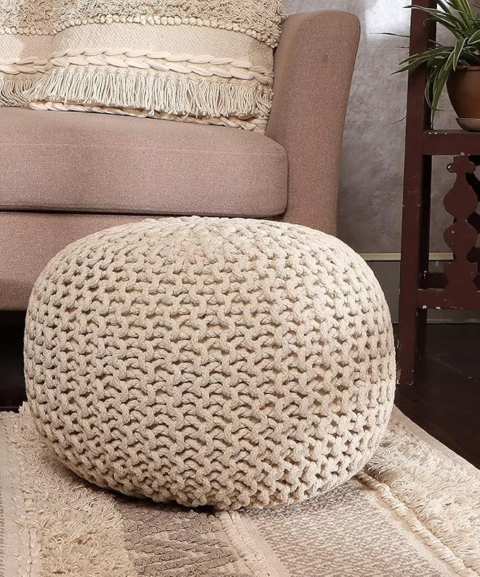 REDEARTH Round Pouf Ottoman - Cable Knitted Boho Poof - Home Décor Cord Pouffe Handmade Circular Footrest for Living Room - Bedroom - Kids Bedroom - 100% Cotton Pouf (19.5"x19.5"x14") - Natural-Ruum Studio Home