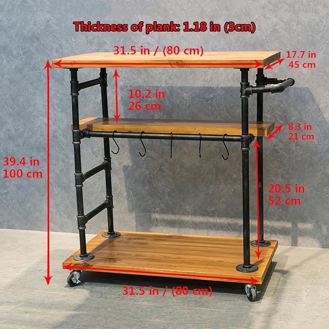Industrial Portable Kitchen Island on Wheels,Bar Carts for the Home Wine Bar Beverage Coffee Cart,Metal Rolling kitchen carts and islands,Wood and Pipe 3-Tier Butcher Block Island Food Serving Cart-Ruum Studio Home
