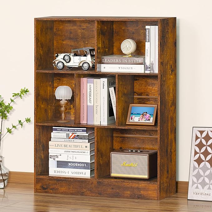 LEYAOYAO 7 Cube Bookshelf with Wood Base, Brown 3 Tier Mid-Century Modern Bookcase,Standing Wide Bookshelves Storage Organizer Shelf,Rustic Display Cabinet Book Shelves for Bedroom,Living Room,Office-Ruum Studio Home