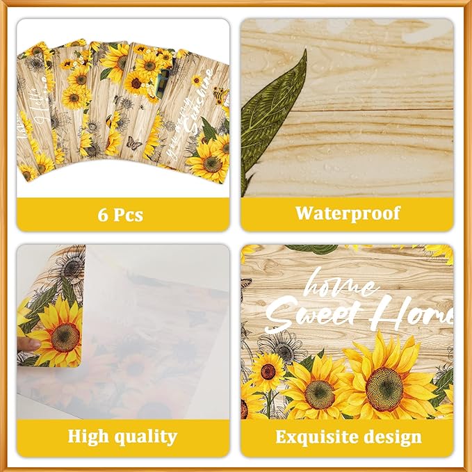 Sunflower Placemats Set of 6 Sunshine Plastic Table Mats Vintage Sunflower Theme Place Mats Summer Holiday Washable Table Placemats for Indoor Outdoor Party Kitchen Dining-Ruum Studio Home