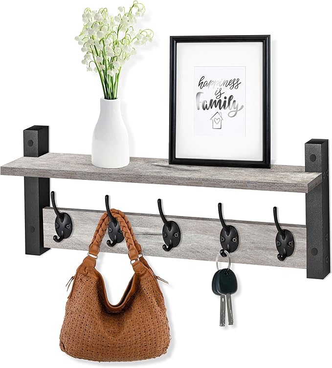 Sorbus Coat Hooks Wall Mount with Shelf – 24 Inch Coat Rack Wall Mount with 5 Heavy Duty Hooks – Floating Wall Shelf with Hooks for Entryway, Bathroom, Bedroom, Kitchen, or Mudroom (Gray)-Ruum Studio Home