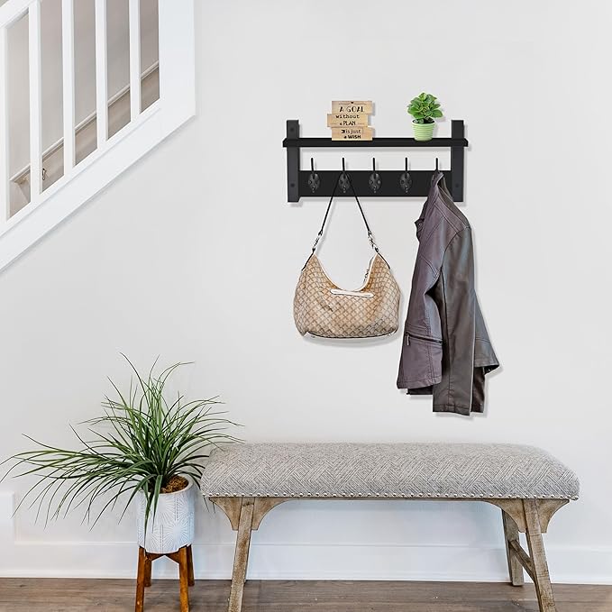 Sorbus Coat Hooks Wall Mount with Shelf – 16 Inch Coat Rack Wall Mount with 5 Heavy Duty Hooks – Floating Wall Shelf with Hooks for Entryway, Bathroom, Bedroom, Kitchen, or Mudroom (Black)-Ruum Studio Home