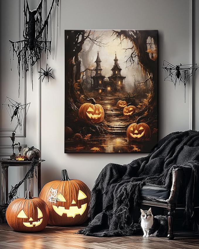 AbcCustomize Halloween Canvas Wall Art - Spooky Haunted House & Eerie Pumpkins Poster, Gothic Fall Decorations for Home, Vintage Halloween Decor Indoor for Living Room, Bedroom & Party-Ruum Studio Home