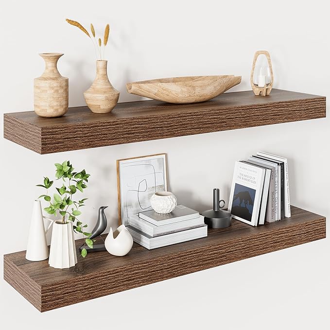 Heimlove 32 Inch Floating Shelves for Wall,Walnut 9.3" Deep Floating Shelf Set of 2,Wall Mounted Shelves for Bathroom Bedroom Living Room Kitchen Office,Shelf for Books Storage Room,Home Decor-Ruum Studio Home