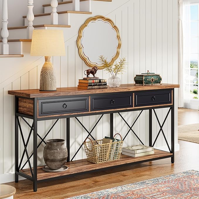 Tribesigns 70.8" Console Table with 3 Drawers, Farmhouse Entryway Table with Storage Shelf, Narrow Long Sofa Foyer Table for Entryway, Hallway (Brown/Black)-Ruum Studio Home