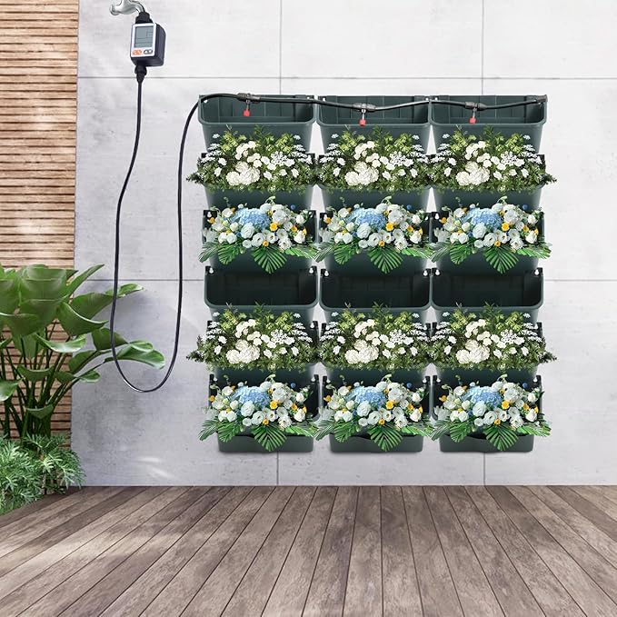 18 Pots Self-Watering Vertical Wall Planter, 39.4”L x 39.4”H Stackable Plastic Wall-Mounted Plant Grow Pots, Wall Hang Garden Planter Outdoor Indoor for Herbs Flowers Strawberries (Green)-Ruum Studio Home