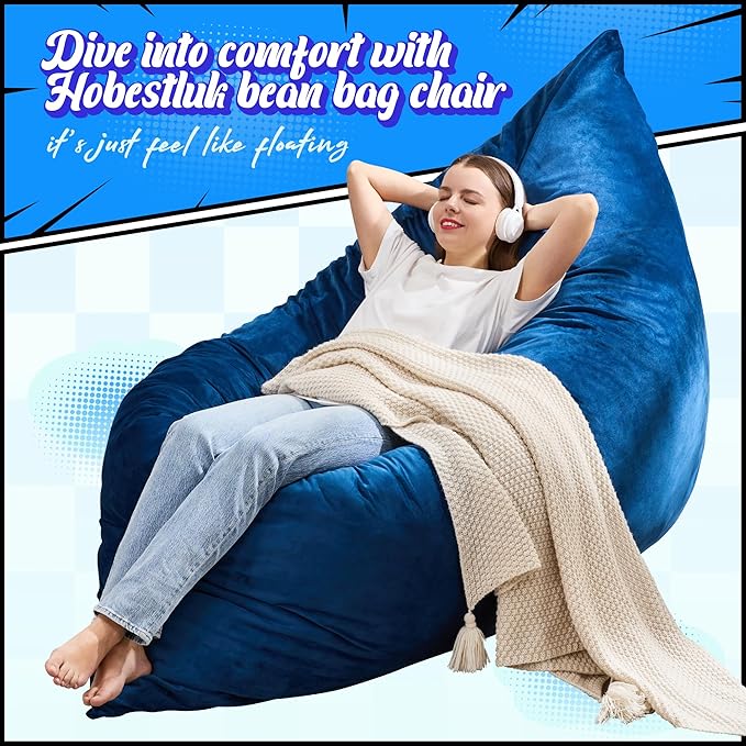 Hobestluk 3 in 1 Bean Bag Chair Giant Bean Bag Chairs for Adults with Velvet Cover Convertible Bean Bag Floor Cushion with Machine Washable Cover for Living Room (Velvet Blue)-Ruum Studio Home