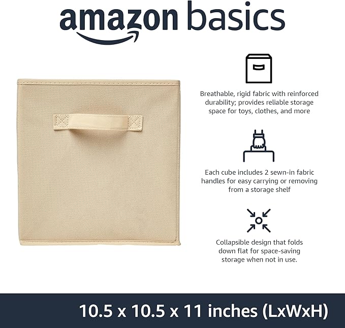 Amazon Basics Collapsible Fabric Storage Cubes Organizer with Handles, Sturdy, Beige, 10.5-x-10.5-x-11-inch, Pack of 6-Ruum Studio Home