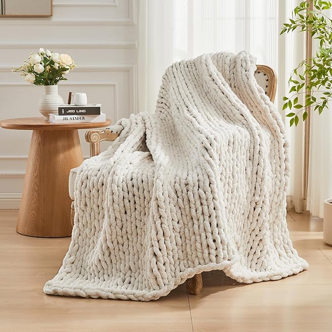 Carriediosa Chunky Knit Throw Blanket 60" X 80" Twin, 100% Hand Made Large Chenille Loop Yarn Soft Fluffy Throws for Couch Sofa Bed, Big Crochet Cozy Heavy Thick Cable Woven Blankets, Cream White-Ruum Studio Home