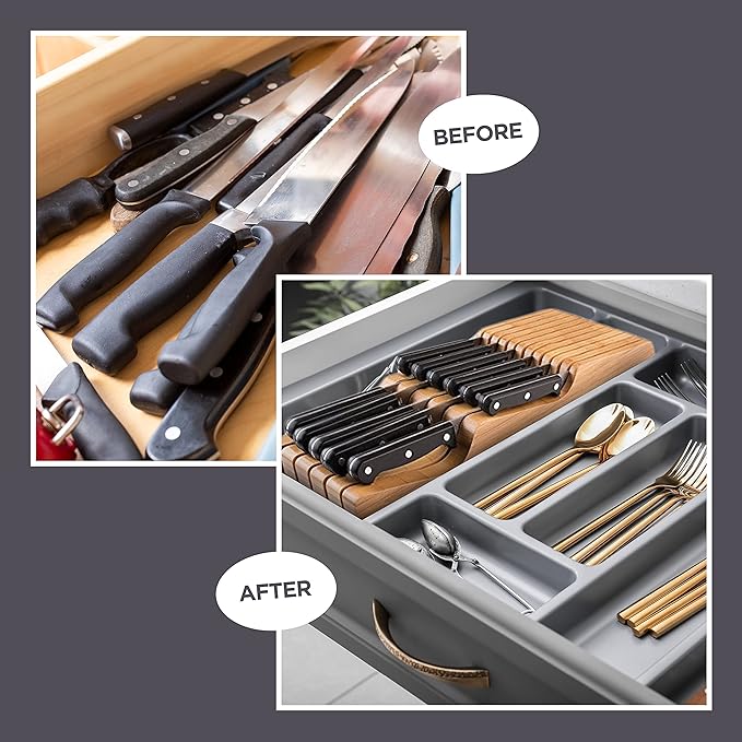 In-Drawer Knife Block - Bamboo Knife Drawer Organizer for Kitchen - Fits 5 Long + 6 Short Knives - Store Knives with Blades Pointing Down - Wooden Steak knife Holder without Knives - Chef Gift Idea-Ruum Studio Home